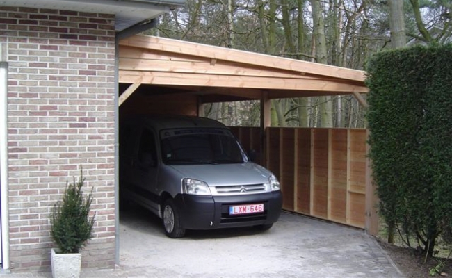 schudden versus Trouw Aanbouw carport met hellend dak | Realisatie | Houtbouw Defreyne